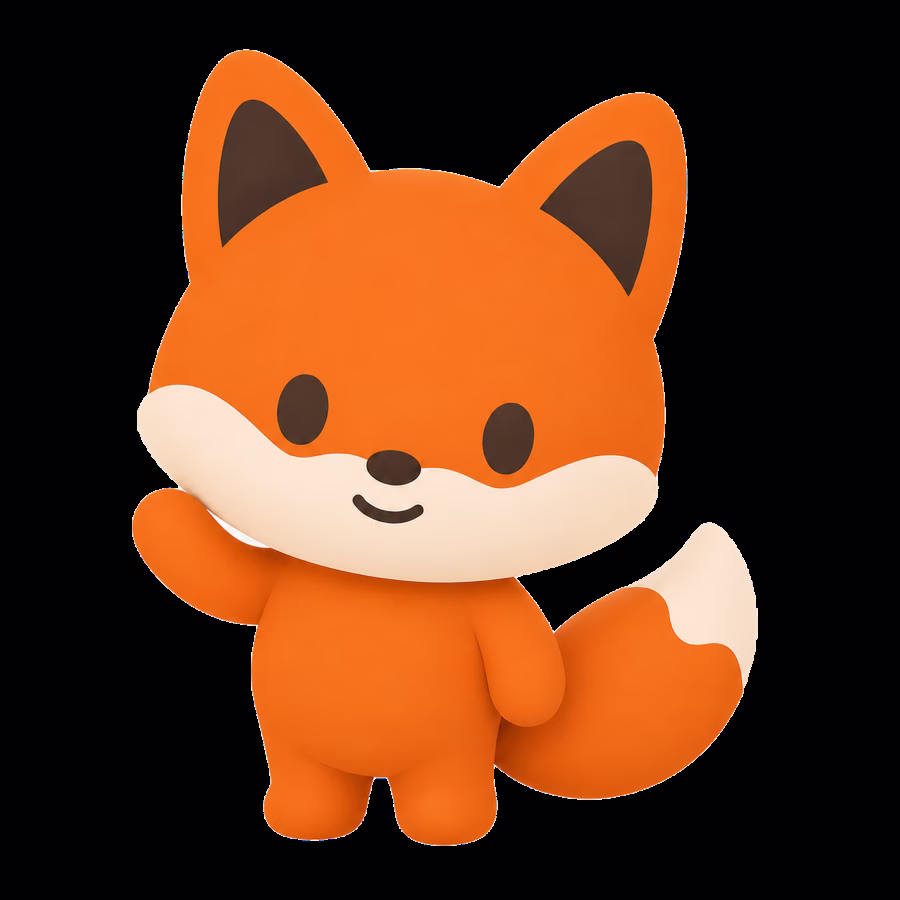 Rusty, a friendly orange fox mascot, waving hello
